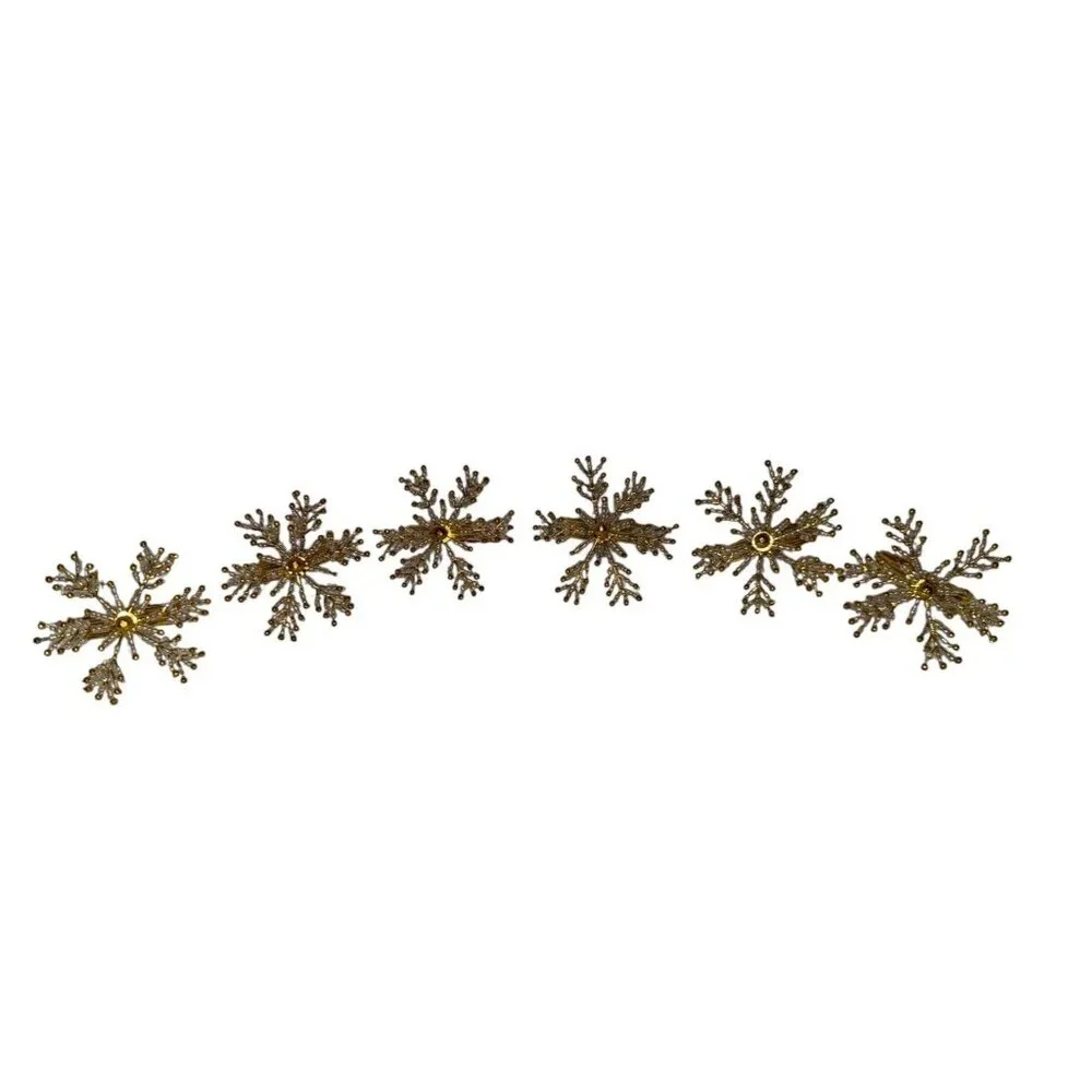Set 6 White Clear Seed Beaded Gold Winter Christmas Snowflake Napkin Rings